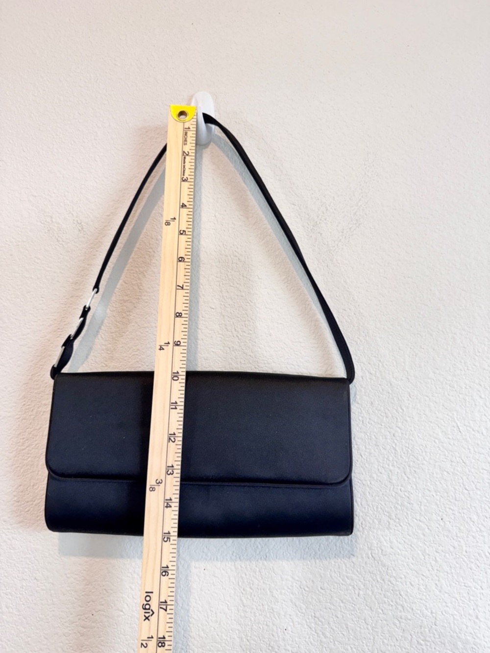 Y2K Minimalist Shoulder Bag Black Satin Rhinestone Strap Baguette Nordstrom C13 - Picture 5 of 9